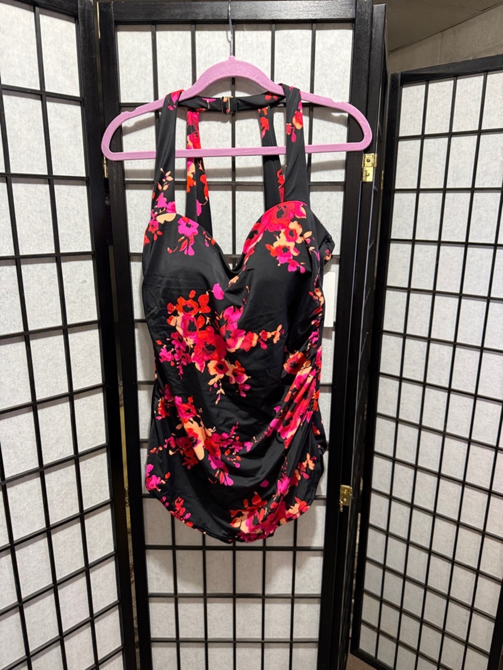 Swimsuit For All Black One-Piece Swimsuit with Pink and Red Floral Print Size 16